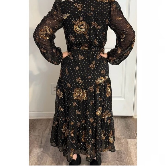 EXPRESS | BLACK METALLIC FLORAL EMBROIDERED TIERED TIE NECK MIDI DRESS XL - Picture 9 of 15